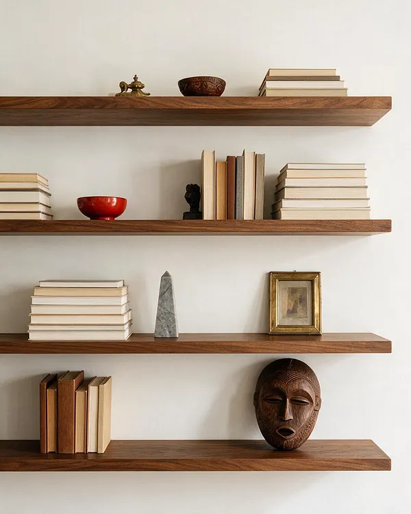 A white wall displays four long floating wood shelves arranged vertically, each styled with stacked books, small sculptures, a red bowl, a framed artwork, and carved masks. The mix of natural wood, neutral books, and varied decorative objects creates a collected eclectic vignette.