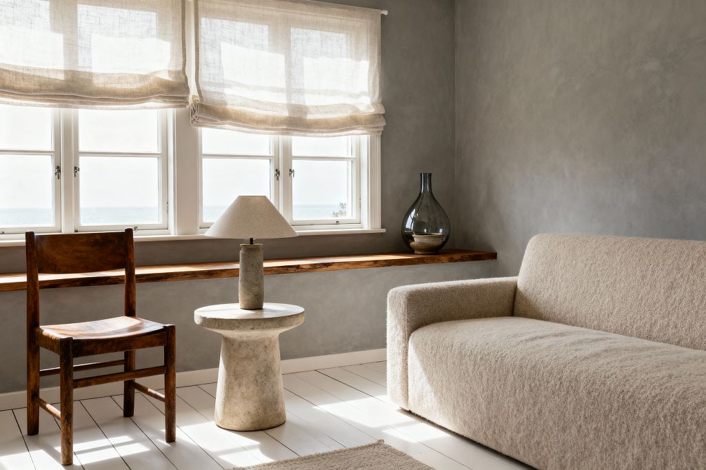 A minimalist Scandinavian living room with soft gray plaster walls and white-painted floorboards. Three windows with sheer linen Roman shades flood the space with daylight, above a slim floating wooden ledge holding a smoked-glass vase. A sand-colored bouclé sofa sits to the right, facing a sculptural stone side table topped with a small lamp, while a simple vintage-style wooden chair stands to the left. The palette is neutral and natural, with textures emphasized by the light.