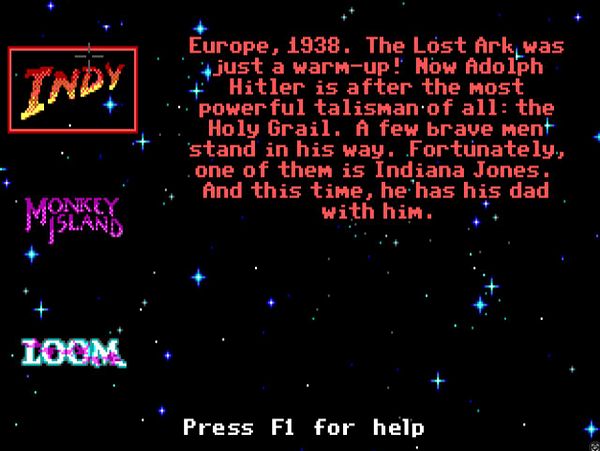The image displays a retro video game title screen featuring Indiana Jones and other classic games.