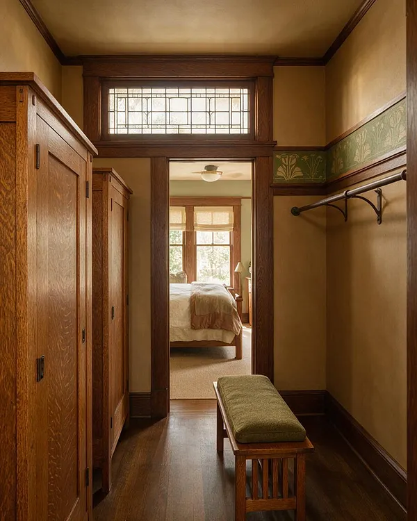 A narrow Craftsman-style closet with built-in oak cabinets, dark wood trim, and a stained glass transom window above the doorway. The room has warm beige walls, a decorative green wallpaper border, a wall-mounted closet rod, and a small wood bench with a cushioned seat on the floor.