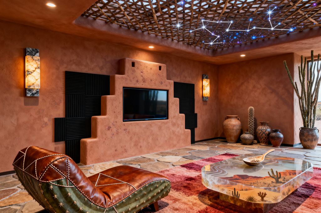 A Southwestern media room with adobe-textured terracotta walls features a stepped TV niche flanked by black acoustic panels and glowing onyx sconces. A twig-lattice ceiling with fiber‑optic constellations hangs over flagstone floors, a striped red rug, a resin coffee table depicting a desert landscape, and a saddle-brown leather chaise; large earthenware pots and tall cacti anchor the corner beside a window to the desert.