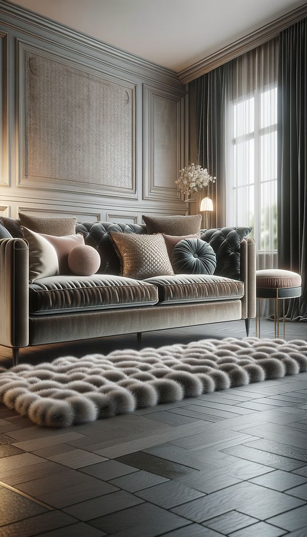 A luxurious living room featuring a plush velvet sofa, with accent pillows and a soft plush rug on the floor, creating a warm and inviting atmosphere.