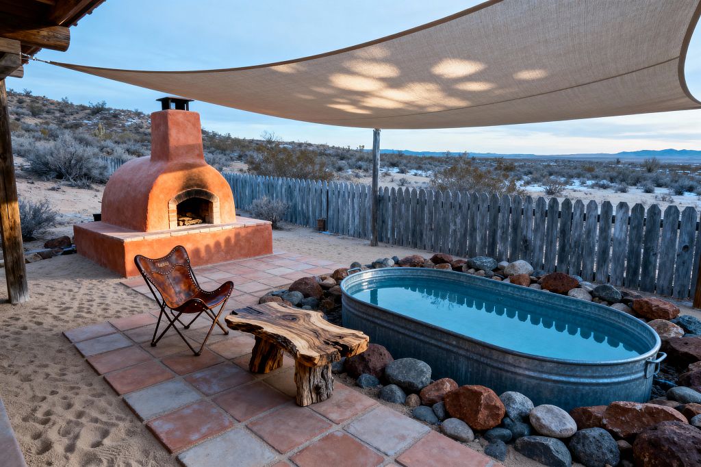 A Southwestern patio set in a desert landscape features a terracotta kiva-style outdoor fireplace beside a square clay-tile terrace on sandy ground. An oval galvanized steel stock tank pool, edged with mixed river stones, sits near a weathered wood picket fence. A leather butterfly chair and a live-edge wood slab table rest under a large beige shade sail, with open views to scrub and distant mountains; warm terracotta contrasts with cool steel and blue water.
