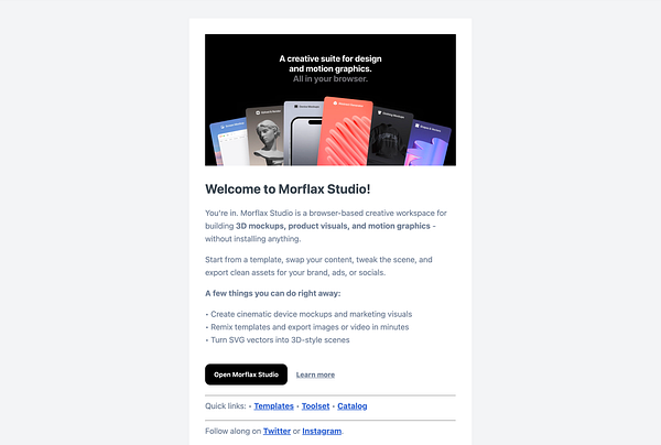 Screenshot of a welcome email draft from Morflax Studio with a cleaning service offer and social media links.