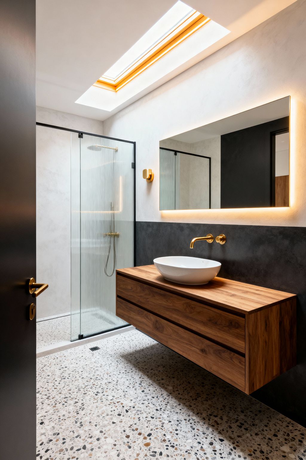 A modern bathroom lit by a long skylight features a floating walnut vanity with a white oval vessel sink and a large, backlit rectangular mirror. To the left, a walk-in shower is enclosed with fluted glass framed in black and fitted with brass fixtures, while terrazzo flooring and light gray plaster walls with a charcoal band create a clean, minimalist palette.