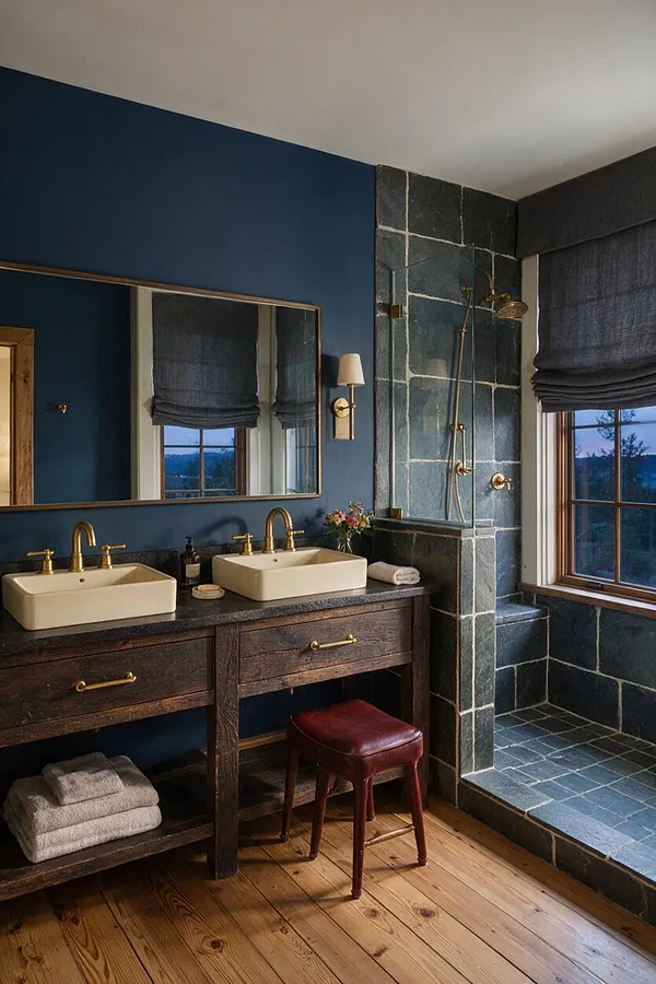 A rustic master bathroom with a dark wood double vanity, cream vessel sinks, brass faucets, and a large wall mirror on deep blue walls. The shower area is lined in dark slate tile with a brass shower fixture, and a small burgundy stool sits on wide-plank wood flooring by a window with dark Roman shades.
