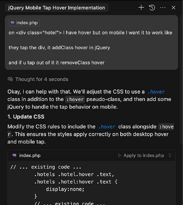 The image displays a coding discussion about implementing tap hover functionality for a hotel list using jQuery.