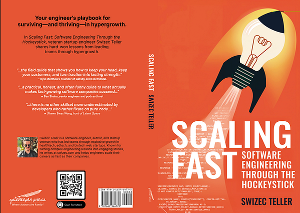 The image displays the back cover of the book 'Scaling Fast: Software Engineering Through the Hockeystick' by Swizec Teller.