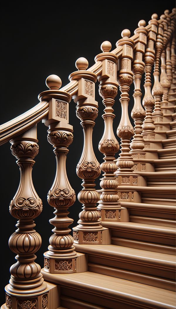 A close-up image of intricately carved wooden balusters lining a staircase, with a focus on the details and craftsmanship.