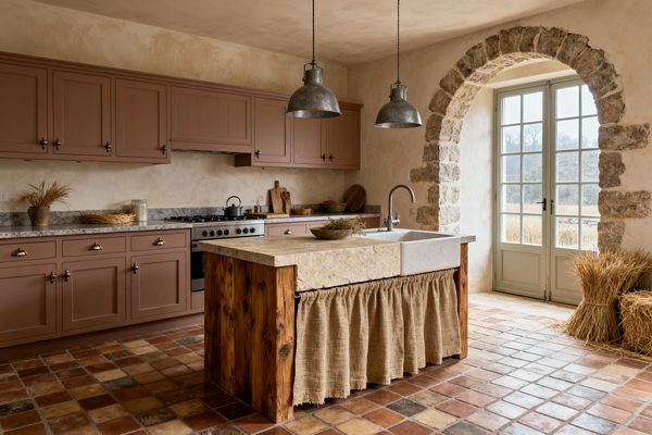 A rustic French Country kitchen features dusty rose Shaker cabinets with aged metal pulls, a speckled gray stone countertop, and a stainless steel range set against limewashed plaster walls. At center, a reclaimed-wood island holds a pale limestone worktop and stone apron sink trimmed with a gathered burlap skirt, lit by two galvanized pendants; terracotta floor tiles, an arched rough-stone opening framing light-painted French doors, and bundles of wheat complete the warm atmosphere.