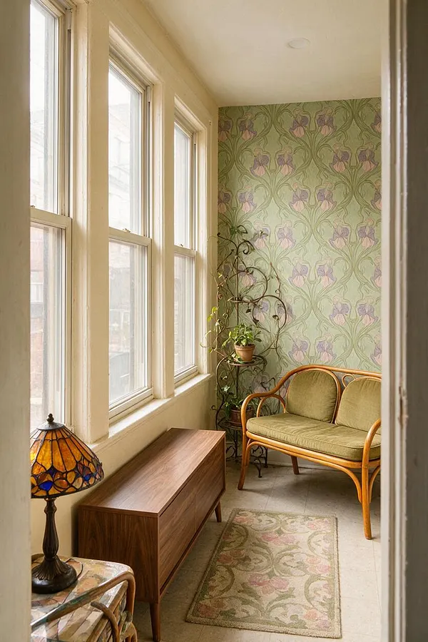 A narrow sunroom with tall white-framed windows on the left, soft daylight, and Art Nouveau floral wallpaper in pale green and lavender on the far wall. The room includes a curved rattan loveseat with olive cushions, a walnut-toned cabinet, a stained-glass table lamp, a small patterned rug, and a decorative plant stand with potted greenery.