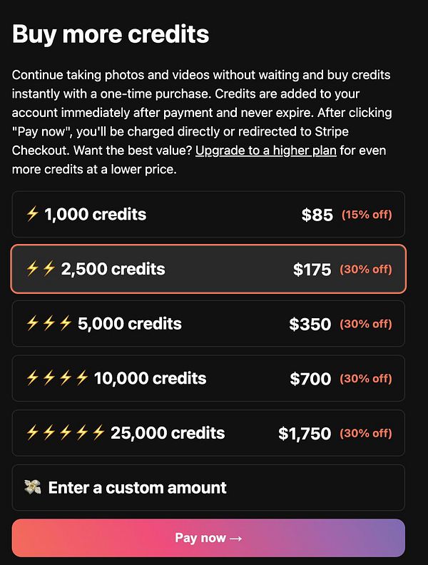 The image displays a user interface for purchasing credits with various options and pricing.