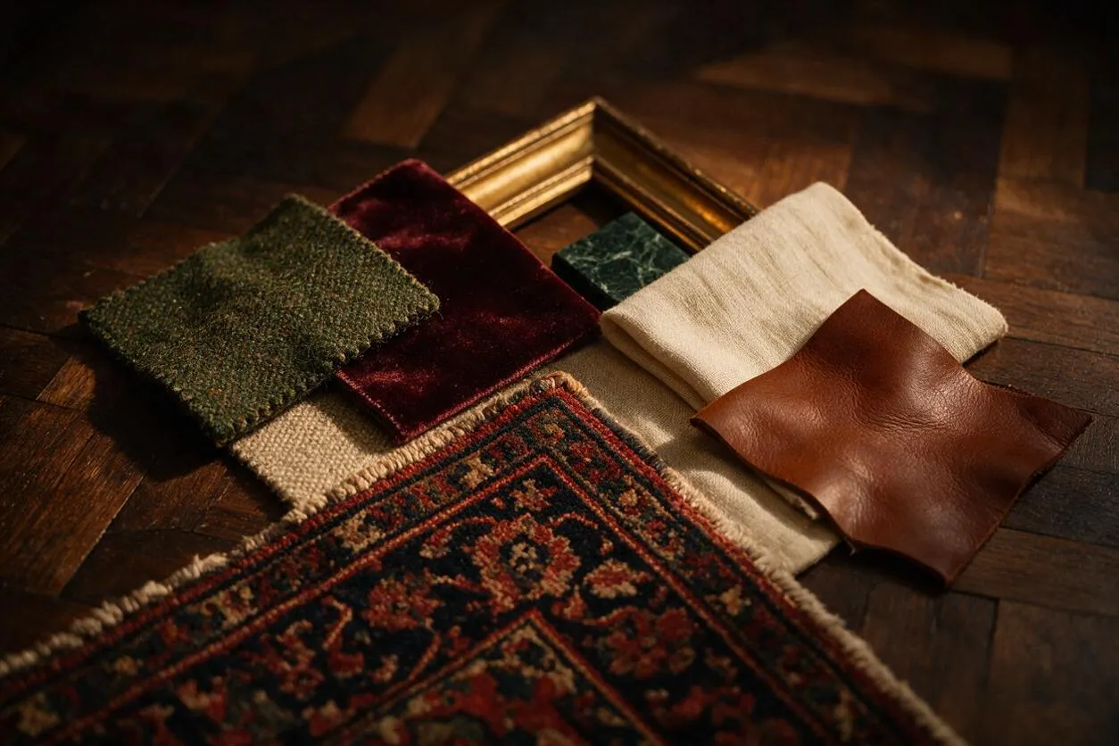 A styled arrangement of fabric and leather swatches lies on a dark herringbone wood floor beside a gilt picture frame. The materials include moss green wool, burgundy velvet, cream linen, brown leather, and a patterned oriental rug sample, creating a moody Dark Academia palette.
