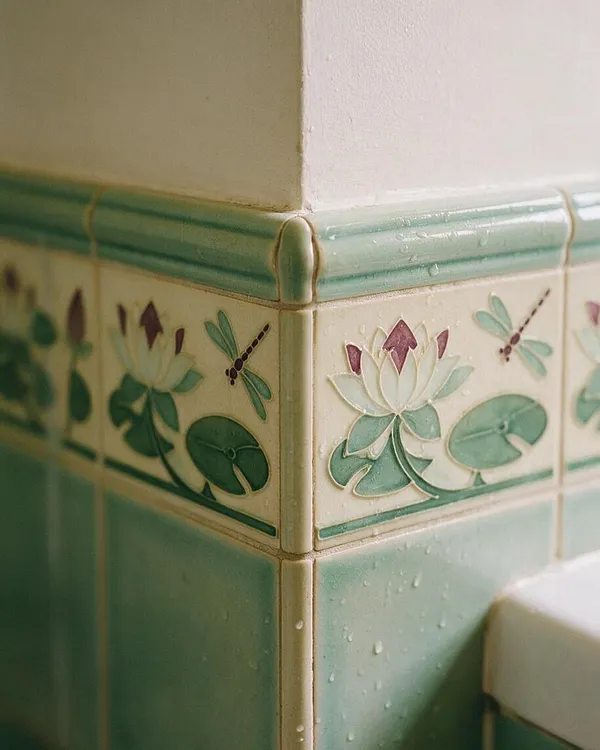 Close-up of an Art Nouveau ceramic tile corner with embossed floral and dragonfly motifs in soft green, cream, and mauve tones. The glazed tiles wrap around a wall edge beneath a pale painted surface, creating a decorative, vintage look.