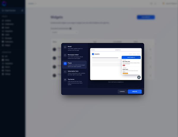 A dark-themed modal dialog for selecting the type of widget to create, showing widget options with descriptions and a preview on a blurred background interface.