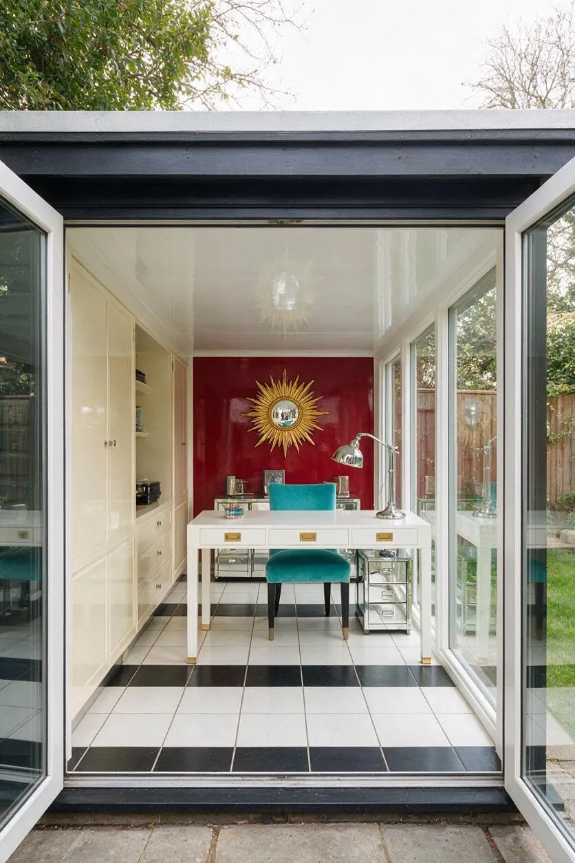 A compact backyard studio with wide open glass doors, a glossy white ceiling, and a black-and-white tiled floor. Inside, a white desk, turquoise chair, mirrored accents, and a red feature wall with a gold sunburst mirror create a bold Hollywood Regency look.