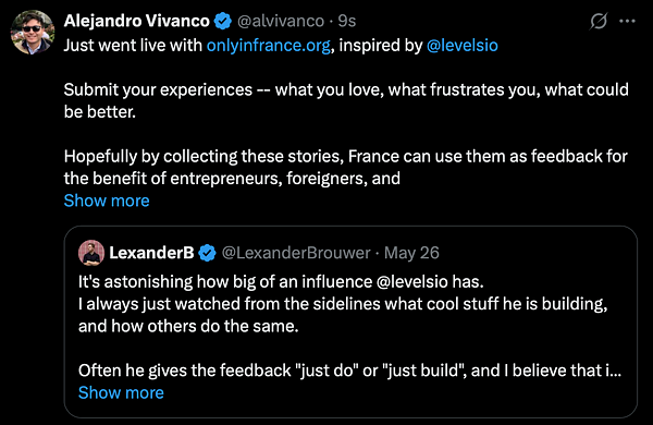 The image features a Twitter conversation about the launch of onlyinfrance.org and its purpose.