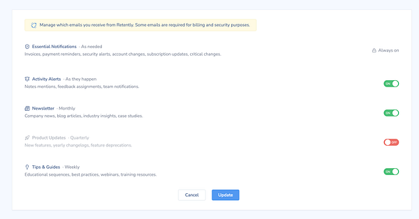 Screenshot of an email preferences form on a website with various input fields, checkboxes, and a submit button.