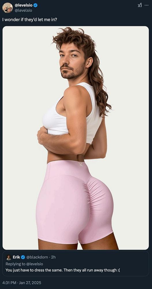 A man poses in a humorous gym-themed meme wearing tight pink shorts and a white tank top.