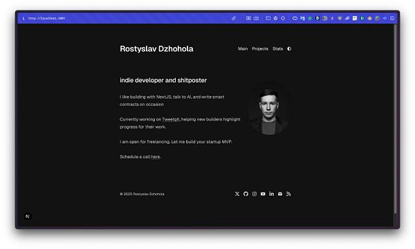 The image displays a personal portfolio webpage of Rostyslav Dzhohola, an indie developer.