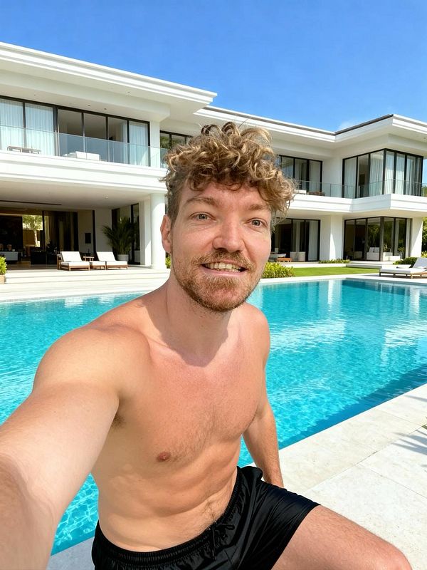 A man with curly hair poses for a selfie by a luxurious poolside.