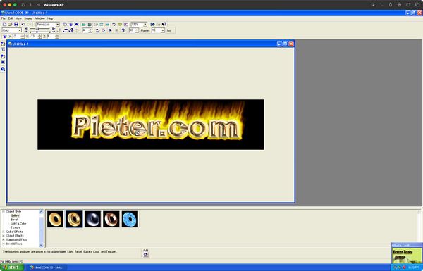 The image displays a graphic design interface of Ulead Cool 3D on a Windows XP operating system, featuring a logo design for 'Pieter.com'.