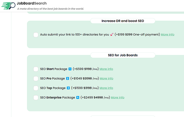 The image displays a section of a website offering various SEO packages for job boards.