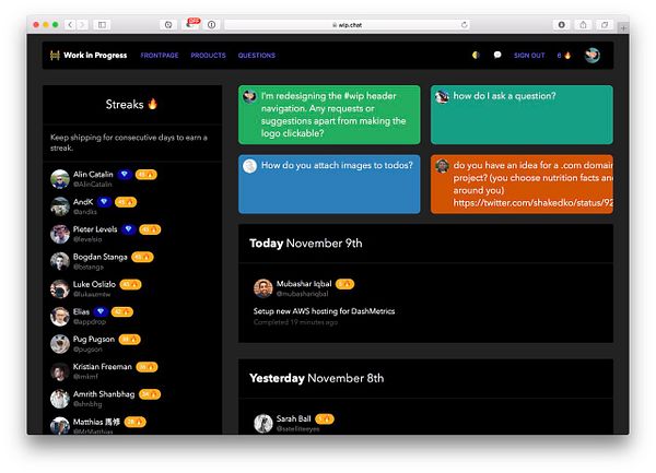 The image shows a webpage called 'Work in Progress' displaying user streaks and messages in a task interface.