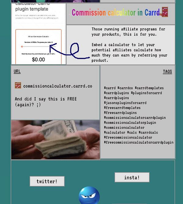 The image features a promotional layout for a commission calculator plugin for Carrd, highlighting its features and providing links and tags.