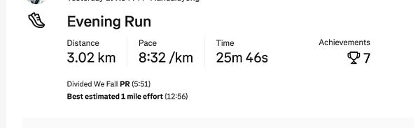 The image displays a summary of an evening run activity.