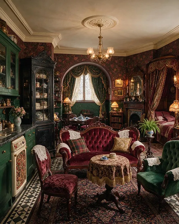 A richly decorated Victorian-style basement sitting room with deep floral wallpaper, ornate crown molding, and a brass chandelier. The space features burgundy and green velvet seating, a carved fireplace, patterned rugs, draped windows, and dark wood cabinetry.