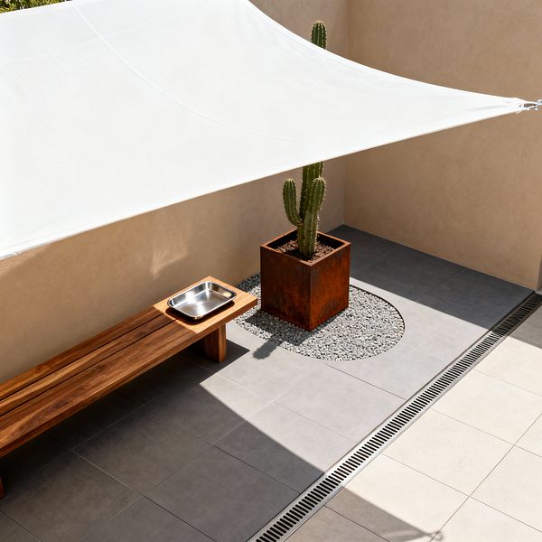 Minimalist patio with a taut white shade sail above large square tiles in beige and gray. A slim teak bench lines a sand-colored stucco wall, holding a stainless-steel tray. Nearby, a tall cactus sits in a rusted Corten steel planter set into a circular bed of gray gravel. A linear metal drain runs along the tile edge, while sun and shadow create crisp geometric shapes across the uncluttered space.