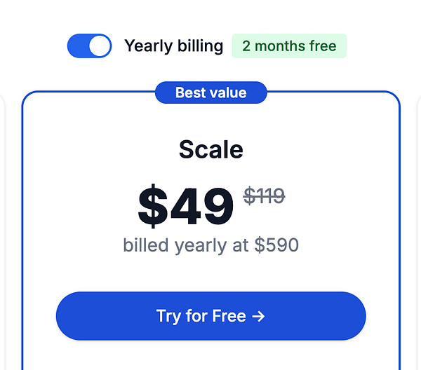 The image displays a pricing table for a subscription plan labeled 'Best value'.