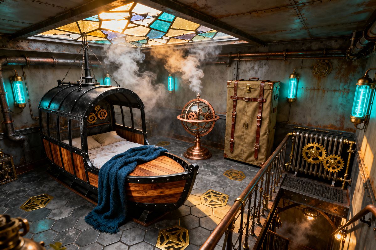 Room AI – Steampunk Bedroom with Airship Gondola Bed - Interior Design
