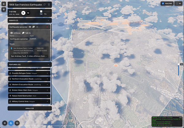 The image displays a simulation interface for the 1906 San Francisco earthquake, featuring a detailed map and various interactive elements.