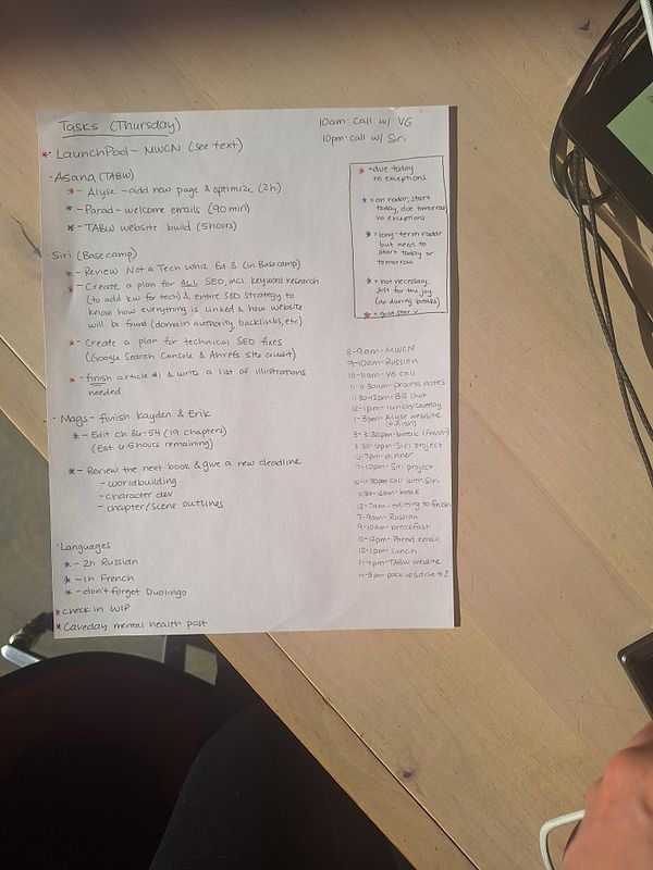 A handwritten task list outlines a detailed schedule for Thursday and Friday, including project deadlines and meetings.
