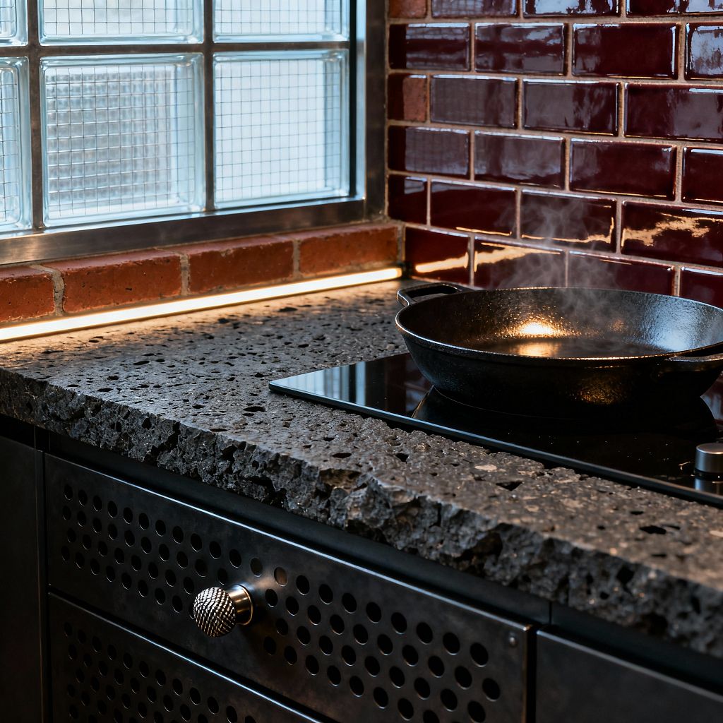 A close-up of an industrial kitchen shows a rough-edged black lava stone countertop over perforated black metal drawers with a knurled silver knob. A black glass induction cooktop holds a steaming cast-iron skillet, backed by glossy oxblood subway tiles with dark grout, while a glass-block window with metal trim and a strip of exposed red brick are lit by a warm LED strip along the backsplash.