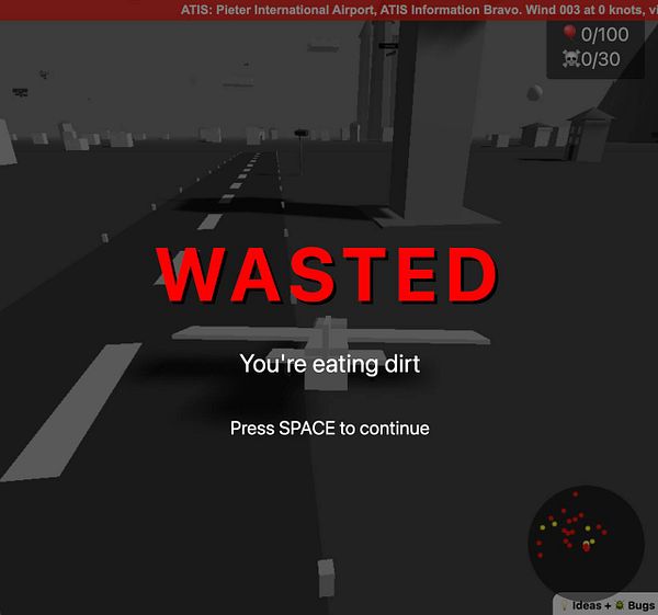 The image displays a video game screen indicating a player's failure with a 'WASTED' message.