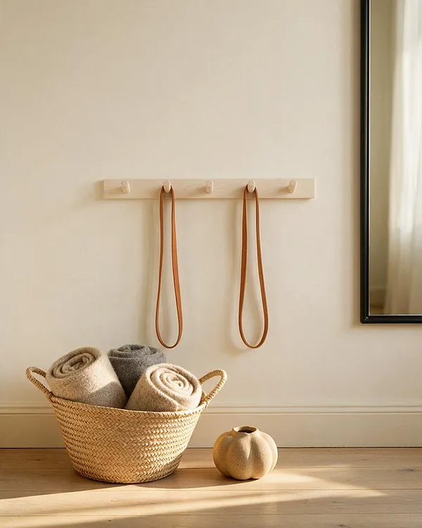 A calm Scandinavian-style entryway vignette with a pale wall, a light wood peg rail holding two leather straps, and a woven basket filled with rolled blankets. A small sculptural ceramic vessel sits on the floor beside the basket, with soft natural light and a black-framed mirror at the edge of the scene.