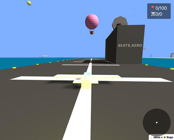 A virtual aircraft carrier scene featuring a small plane on the runway with a hot air balloon in the background.