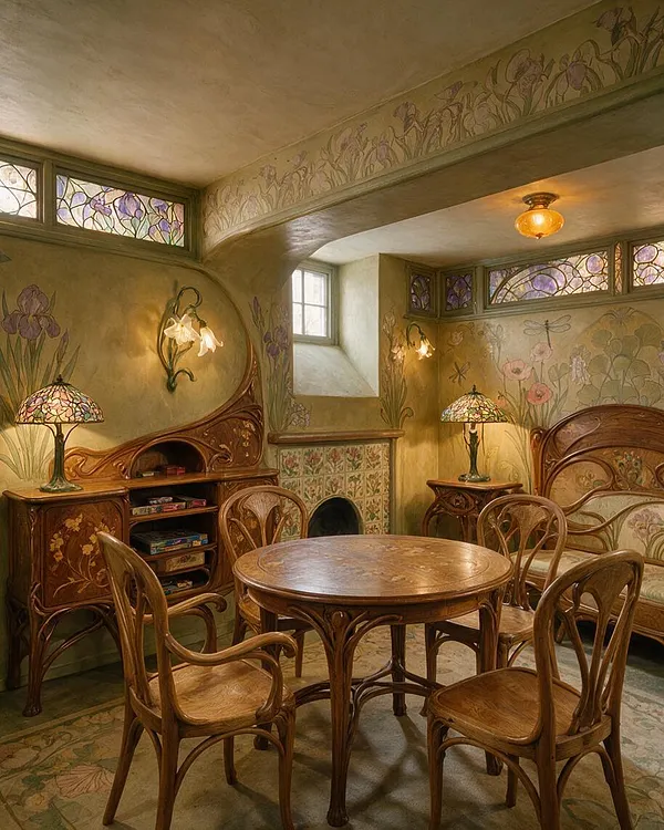 A richly decorated Art Nouveau game room with a round carved wood table and matching curved chairs centered on a patterned rug. Floral mural walls, stained glass transom windows, amber pendant lighting, and carved wood cabinetry create a warm, handcrafted atmosphere.