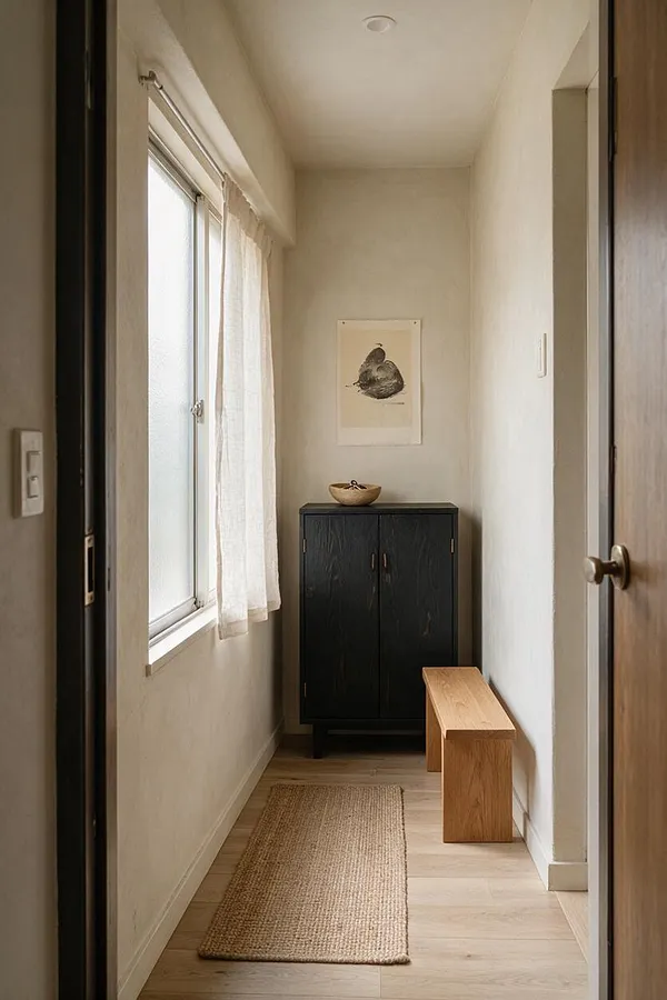 A narrow Japandi-style entryway with off-white walls, a frosted window dressed in sheer curtains, and light wood flooring. A matte black cabinet with a small bowl and wall art sits at the end of the hall, while a simple wooden bench and woven runner add warmth and texture.
