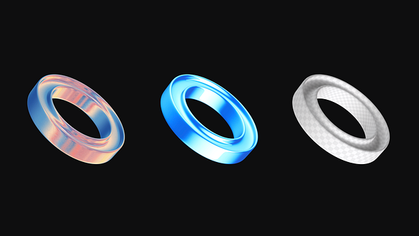 Three distinct 3D rings are displayed against a black background, showcasing different materials and finishes.