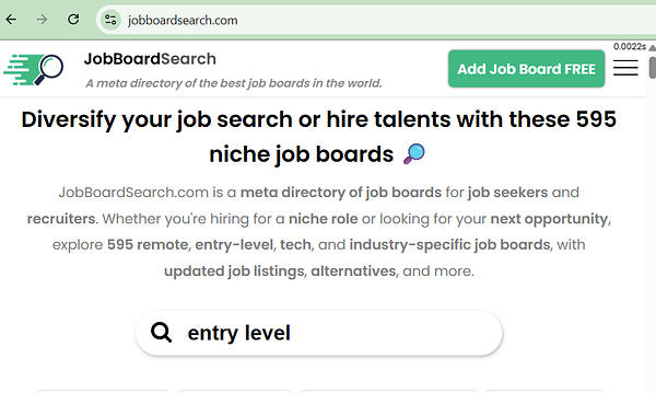 The image displays a webpage for JobBoardSearch, highlighting a directory of job boards.