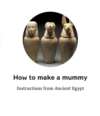 The image features three ancient Egyptian figurines that represent mummification practices.