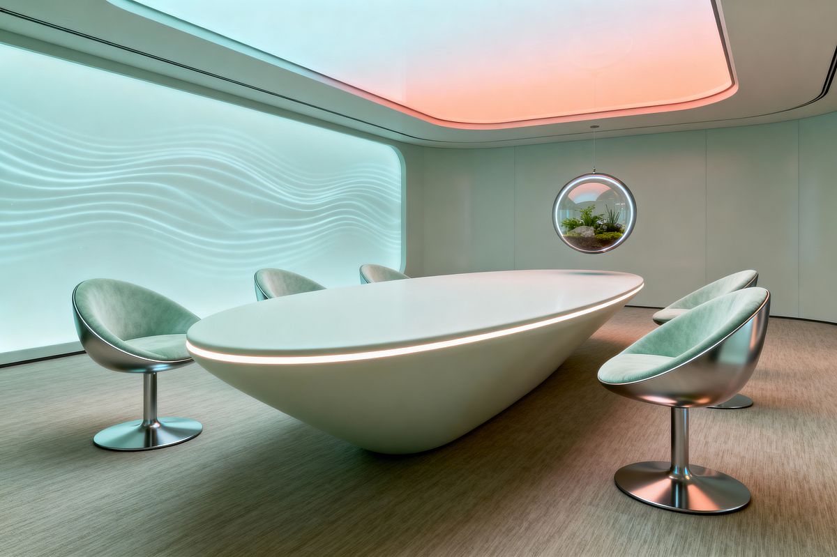 Room AI – Futuristic Dining with Sculptural LED Pod Table - Interior