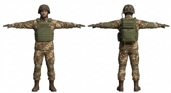 3D model of a T-pose soldier character with various views and wireframe overlays.