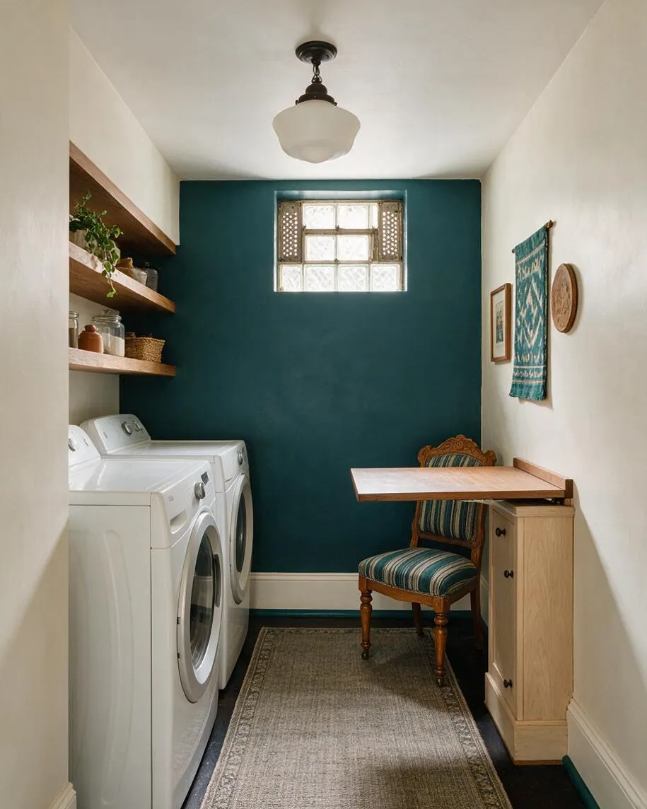 A narrow laundry room with white washer and dryer on the left, open wood shelves above them, and a deep teal accent wall at the back. A small desk, vintage upholstered chair, woven rug, and wall decor add an eclectic mix of finishes and textures.