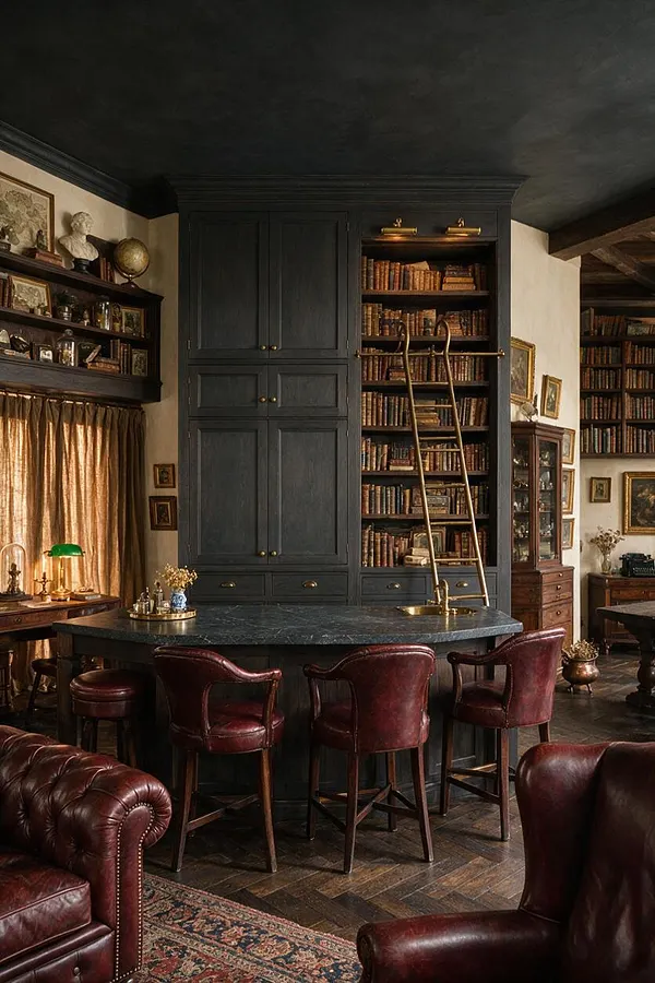 A dramatic dark academia kitchen with a large charcoal island, burgundy leather counter stools, and floor-to-ceiling black cabinetry fitted with bookshelves and a rolling library ladder. Warm brass accents, vintage artwork, leather seating, and a dark ceiling create a scholarly, moody atmosphere.