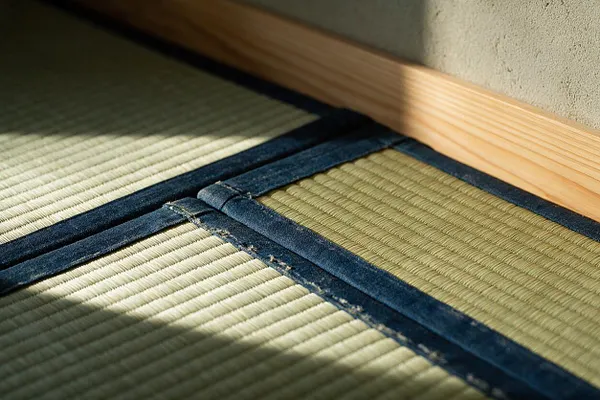 A close-up of woven tatami mat flooring bordered by dark indigo fabric trim, with a light wood baseboard above it and soft sunlight casting diagonal shadows across the surface. The scene highlights natural textures and a calm Japanese Zen aesthetic.